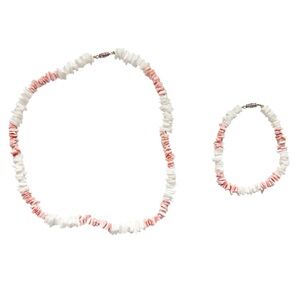 Vintage Shell & Coral Bead Choker Necklace with Matching Bracelet Pink & White